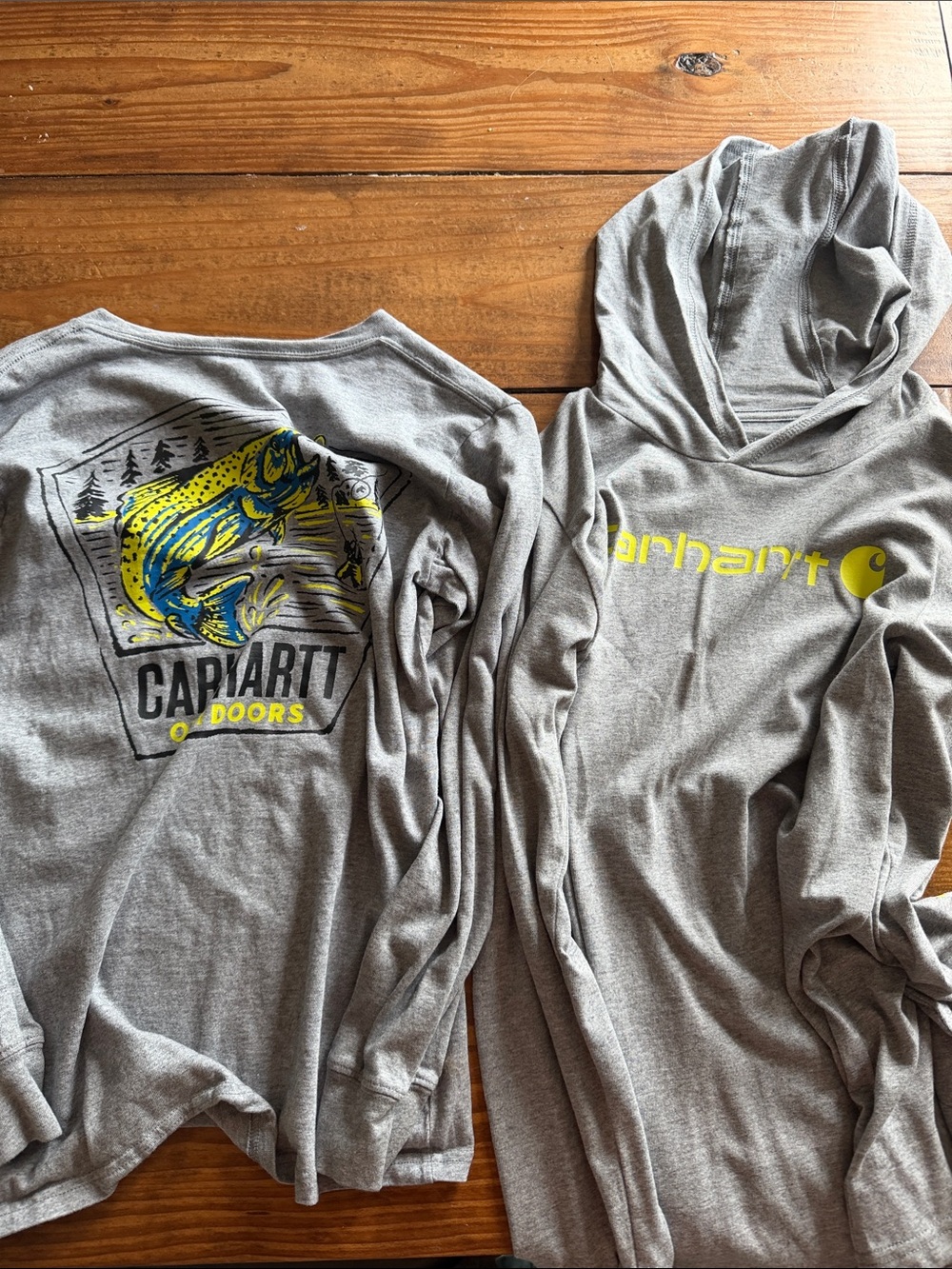 Carhartt Kids Gray Hooded Long-Sleeve Top with Yellow Logo & Graphic - set of 2